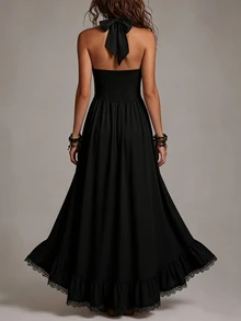 Everyssa Women's Solid Color Pleated Slit Design Casual Sexy Party Vacation Night Out Gathering Halter Neck Dress Halloween Black Summer - Black - View 2
