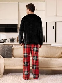 CoupledUp Men's Round Neck Button-Front Plush Long Sleeve & Long Pants Loungewear Set - Multicolor - View 3