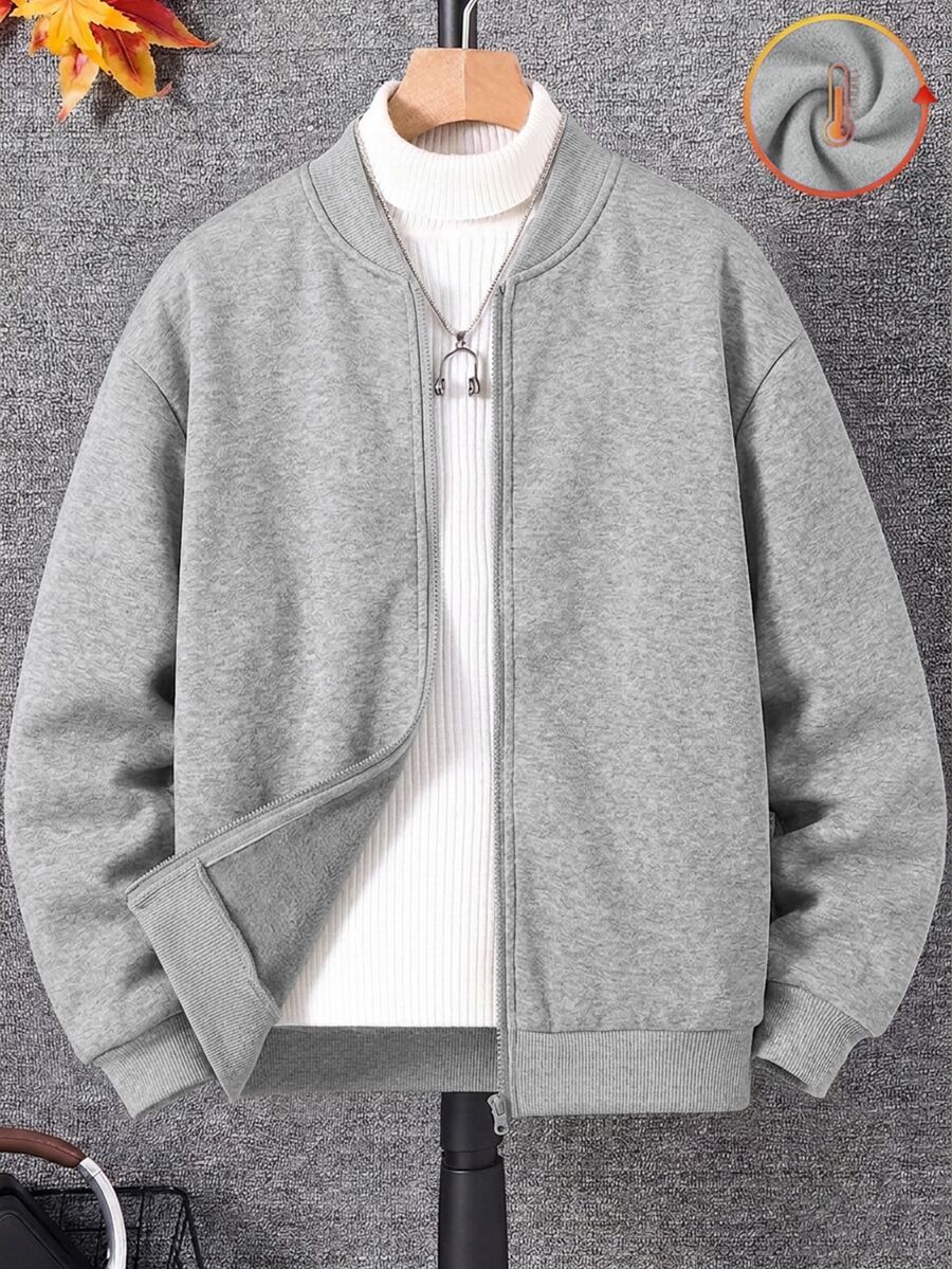 SHEIN 1pc Tween Boy Casual Kids Sports Academy Basics Grey Baseball Winter Jacket With Thickened Grab Material - Light Grey - View 1