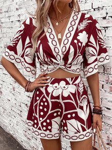 SHEIN Clasi 女款花卉印花前結抓皺上衣與短褲兩件套 - 紅白色 - 查看 1
