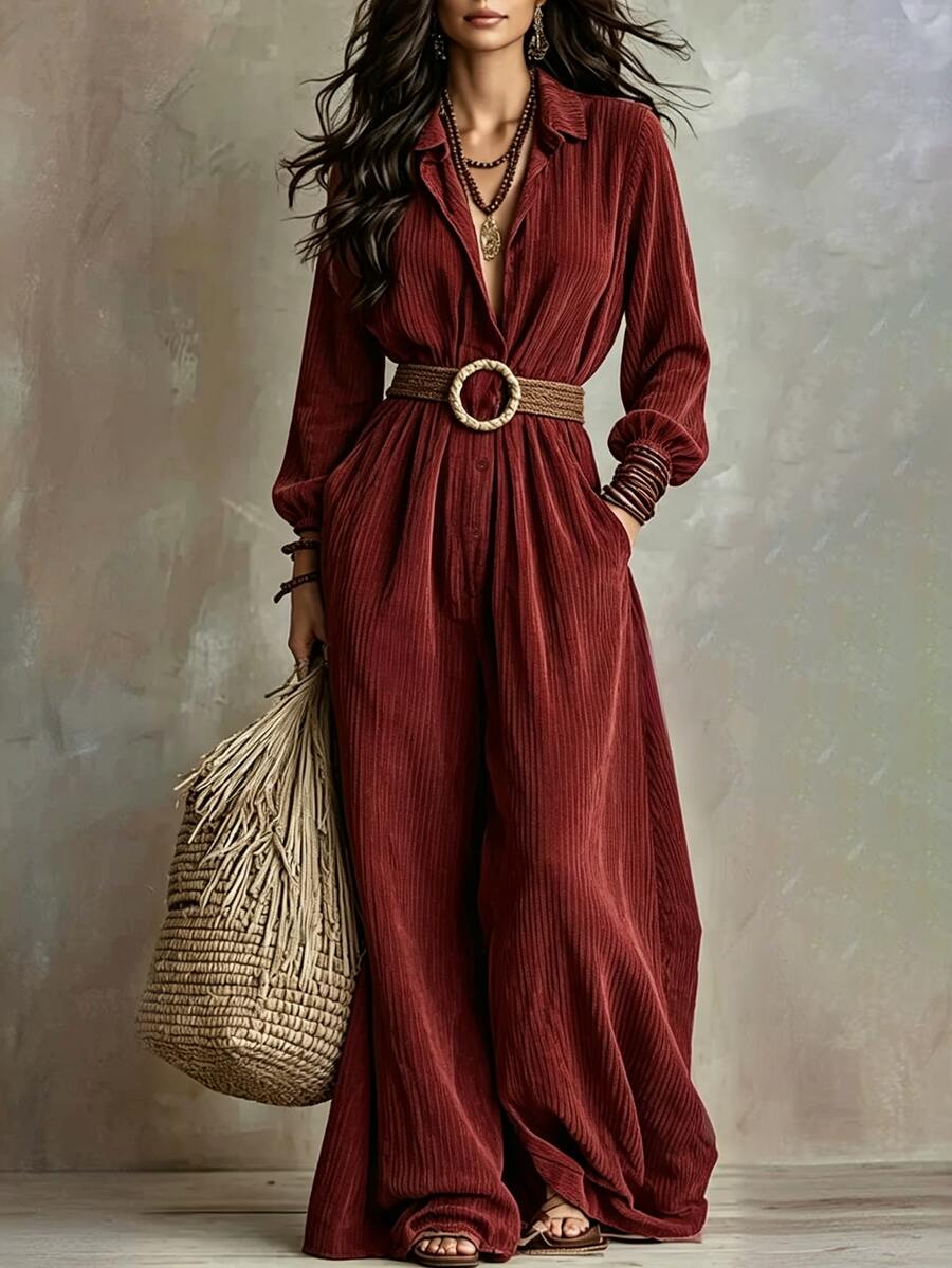 LUMIGAL Fall Clothes FOR WomenWomen's Fine-Woven Elegant Autumn Long-Sleeved Jumpsuit - Red - View 1