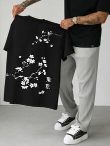 Manfinity Homme Men's Floral Pattern Casual Versatile Daily Wear T-Shirt - Black - View 2