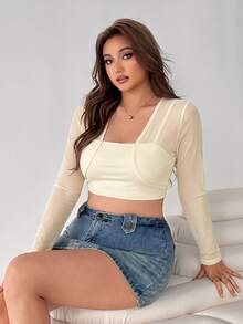 Muchica Apricot Short Sheer Mesh Jacket Plus Size - Apricot - View 3