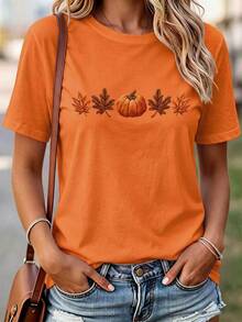 SHEIN Women's Pumpkin Print Round Neck Short Sleeve T-Shirt Holiday - Multicolor - View 3