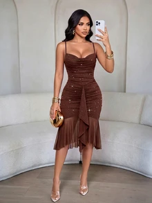 SOLERSUN Women Coffee Brown Glitter Ruched Bodycon Midi Dress Spaghetti Strap Cowl Neck Tie Front Sheer Mesh Ruffle Hem Cocktail Summer Sexy Elegant - Coffee - View 9