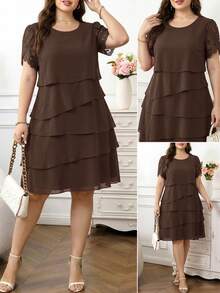Reflora Plus Size Vintage Vacation Asymmetrical Hem Crew Neck Dress - Coffee Brown - View 2