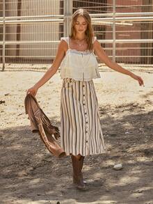 WESTFADE Scalloped Button Front Striped Denim Midi Skirt, Fall, Autumn, Western, Country, Cowgirl, Winter, Rodeo, Back To School, Festival, Concert - Multicolor - View 5