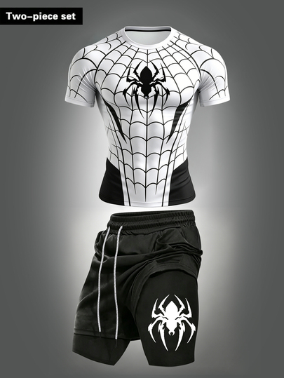 RISE LYT Men's Spider Print T-Shirt And Shorts Sports Set, Gym