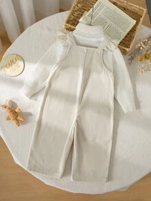 SHEIN 女嬰可愛秋冬短袖荷葉袖趣味兔子動物刺繡圖案百搭休閒連身衣 - 米色 - 查看 6
