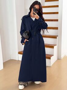 SHEIN EZwear 女款休閒長版海軍藍雙排扣風衣 - 藏蓝色 - 查看 3