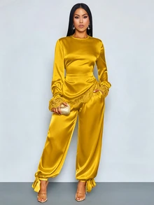 SOLERSUN Early Autumn Women's Casual Elegant Daily Wear Cocktail Dinner Glossy Fabric Flared Sleeve Tie-Waist Lace Pants Set (Random Lace) Mustard Yellow - Mustard Yellow - View 3