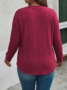 SHEIN LUNE Women's New Autumn/Winter Best-Selling Wide Rib Soft Knit Casual Versatile Plus Size T-Shirt - Red - View 2