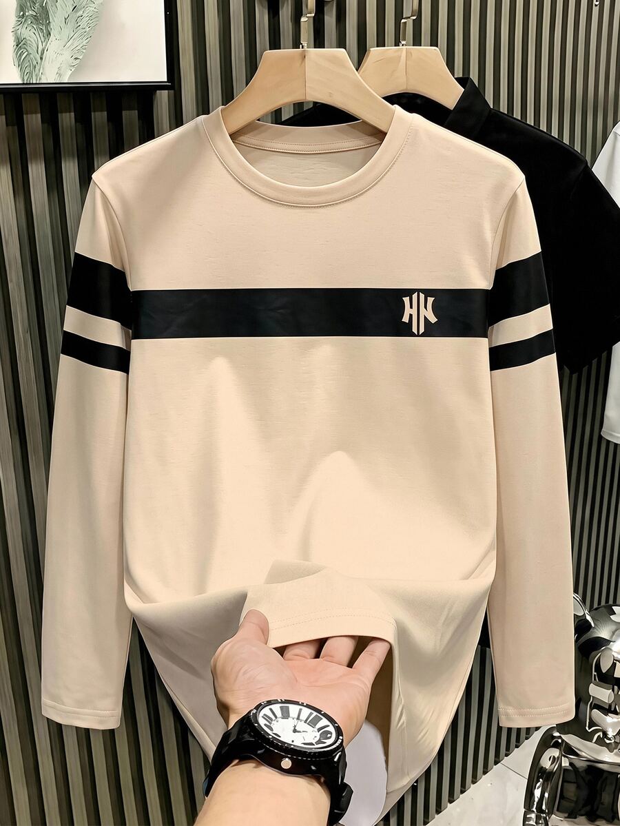 SHEIN 青少年男孩休閒寬鬆百搭條紋圓領長袖T恤上衣，適合通勤、上學、日常休閒外出與運動，春夏穿著