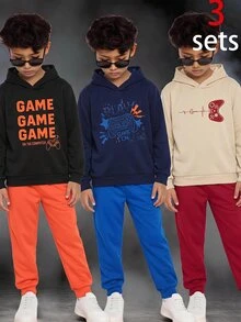 SHEIN 6件組兒童青少年男孩休閒日常百搭舒適遊戲機印花圖案連帽套頭鬆身運動衫與鬆身慢跑褲針織兩件套 抓絨內裡加厚運動套裝 - 彩色 - 查看 3