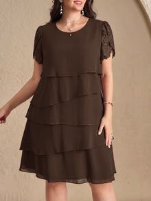 Reflora Plus Size Vintage Vacation Asymmetrical Hem Crew Neck Dress - Coffee Brown - View 3