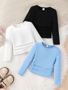 SHEIN 青少年女孩休閒基本款純色針織彈性長袖內搭上衣 - 彩色 - 查看 3