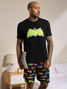 BATMAN X SHEIN Men's Short Sleeve T-Shirt And Shorts Loungewear Set - Black - View 7