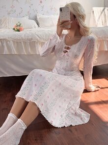 CottageSlumber Camisón de manga larga con lazo floral - Albaricoque - Ver 4