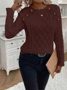 EMERY ROSE Sweater Kasual Wanita Musim Gugur/Dingin, Warna Polos, dengan Hiasan Kancing - Coklat - View 7