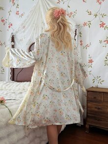 CottageSlumber 1pc Women's Sexy Faux Silk Lace Print Long Sleeve Short Robe - Beige - View 2