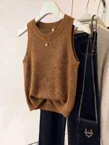 SHEIN 2026新款女款閃耀金針織背心上衣－圓領、羅紋袖口細節、短版剪裁，完美融合90年代復古魅力與極簡時尚，適合早午餐約會、夜晚外出及春夏日常穿著 - 巧克力棕 - 查看 5