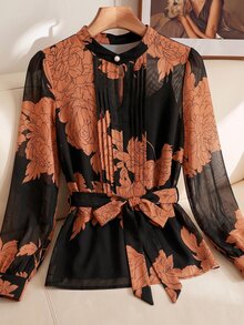 SHEIN Clasi 大尺碼花卉印花百褶長袖百搭女式襯衫 - 橘色 - 查看 3