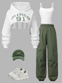 Teen Girls Fall Outfits Tops 3 Pieces Set Letter Print Cropped Long Sleeve Hoodie + Solid Color Camisole Top + White Yellow R Autumn Sixth Form Formal - Army Green - View 1