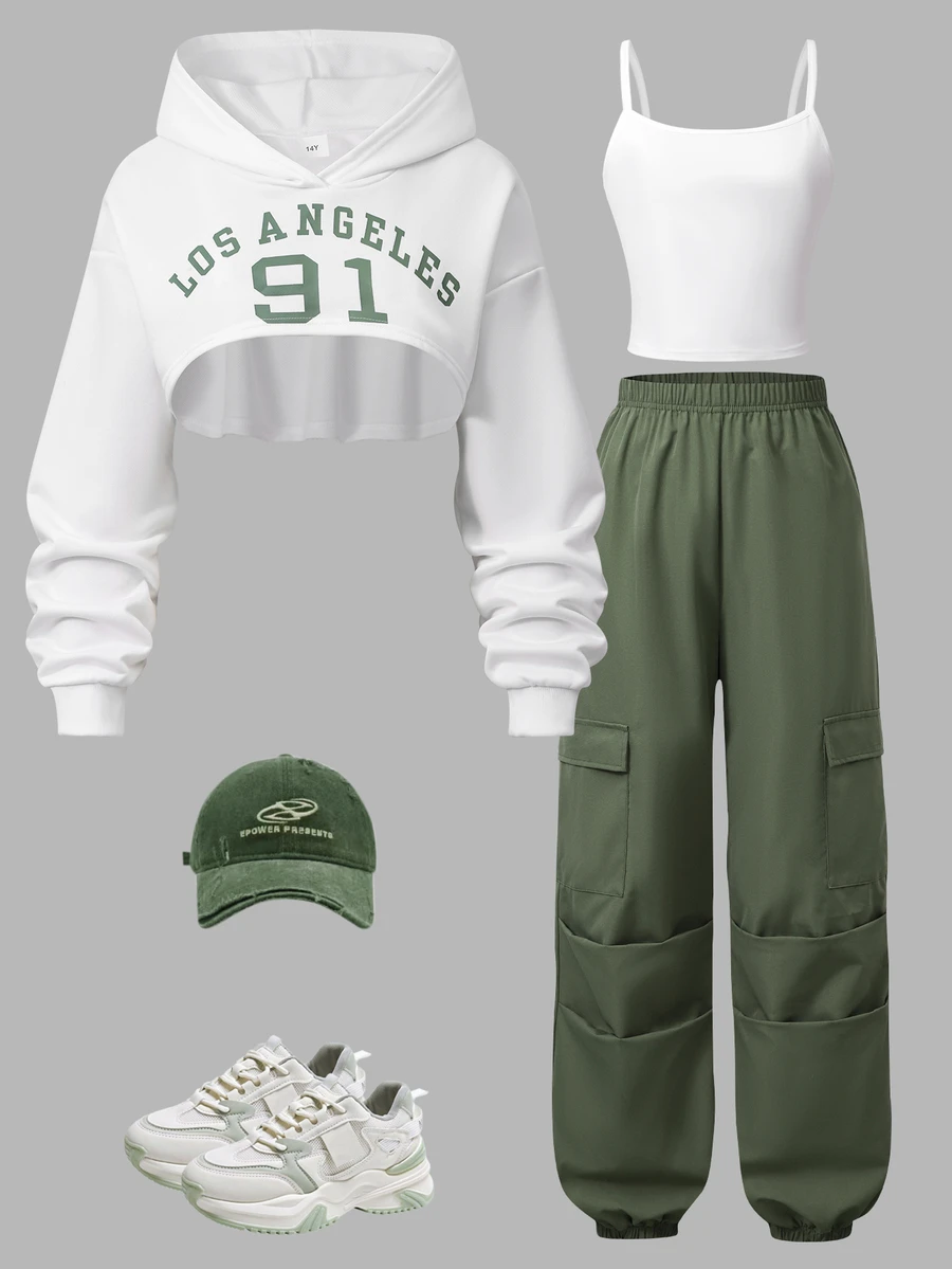 Teen Girls Fall Outfits Tops 3 Pieces Set Letter Print Cropped Long Sleeve Hoodie + Solid Color Camisole Top + White Yellow R Autumn Sixth Form Formal - Army Green - View 1