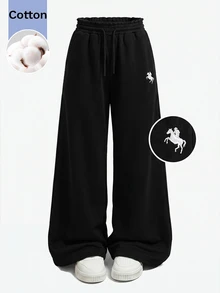 SHEIN Tween Girl Tween Girl Knight Embroidery Drawstring Waist Loose Casual Sweatpants - Black - View 3