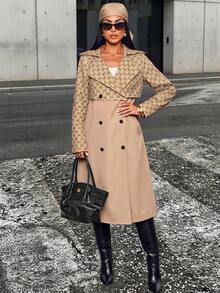 SOLERSUN Spliced Long Trench Coat Double Breasted Windbreaker Loose Oversized Business Casual Elegant Outerwear Daily Commute Autumn Streetwear Office Beige - Brown - View 11