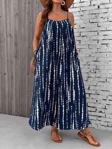 SHEIN VCAY Plus Size Tree Print Strap Vacation Dress - Navy Blue - View 1