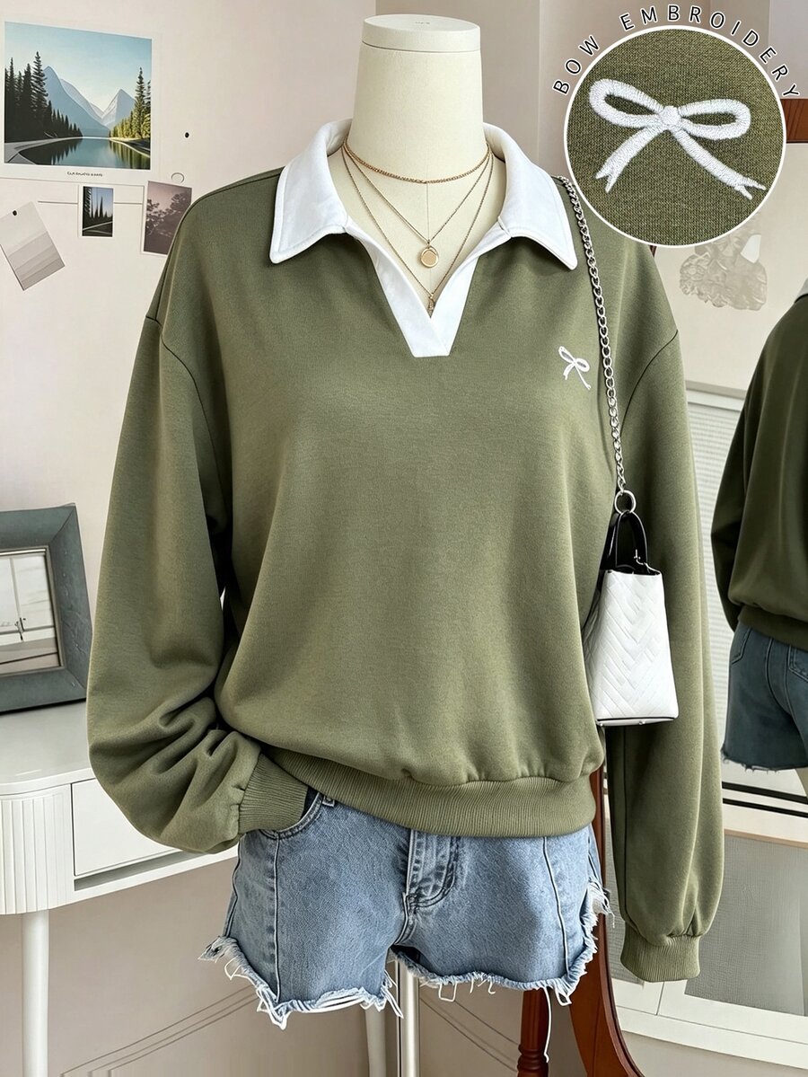 INAWLY 女款刺繡時尚撞色長袖運動衫,適合日常穿著 - 軍綠色 - 查看 1