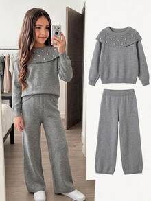 SHEIN طقم كنزة بأكمام طويلة مزينة باللؤلؤ الاصطناعي وبنطال محبوك للفتيات المراهقات - رمادي فاتح - مشاهدة 7