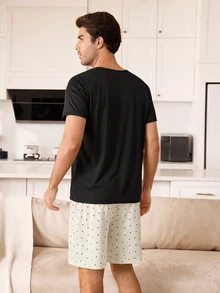 CoupledUp Men's Heart Print Front Pocket Crew Neck Casual Pajama Set, 2 Pieces - Black - View 3