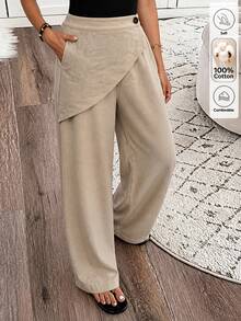 Yunfilé Women's Spring/Summer Casual Cotton Blend Loose Asymmetrical Flap Decor Solid Color Wide Leg Long Pants, Suitable For Outings, Commuting And Street Style - Khaki - View 3