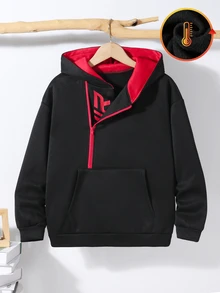 SHEIN 大童男孩休閒舒適拼接連帽字母圖案運動衫外套，適合春夏秋冬，適合戶外玩耍、學校、街頭風、派對與居家休閒，高 CP 值 - 黑色 - 查看 4