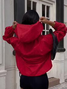Muchica Plus Size Women's Solid Color Half-Zip Hooded Long Sleeve Jacket Autumn Club Office Red Smart Casual Sport - Red - View 2