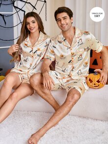 CoupledUp Cartoon Halloween Element Print Faux Silk Men's Pajama Set - Apricot - View 7