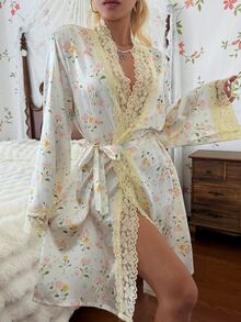 CottageSlumber 1pc Women's Sexy Faux Silk Lace Print Long Sleeve Short Robe - Beige - View 4