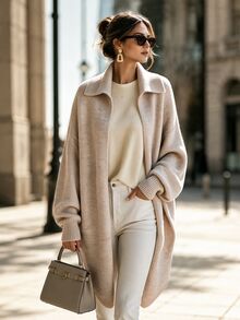 Balvessa Polo Collar Drop Shoulder Loose Ribbed Cuffs Lantern Long Sleeve Mid-Length Asymmetrical Curved Hem Casual Women's Cardigan - Khaki - View 5