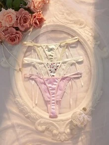 SHEIN Fashion Lace Patchwork Thong Set 3pcs - Multicolor - View 2