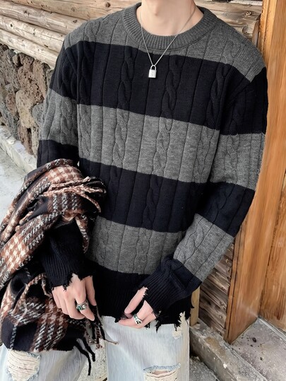 Claim Dot Erkek Yuvarlak Yaka Vintage Uzun Kollu Pullover Kazak, Örgü Örme İlkbahar Sonbahar Kış Üst, Gri Siyah Renk Bloklu Bol Kesim Üst, Günlük Giyim Amerikan Stili Eskitilmiş Etek Saçaklı Etek Çok Yönlü Renk Bloklu Örgü Örme Üst