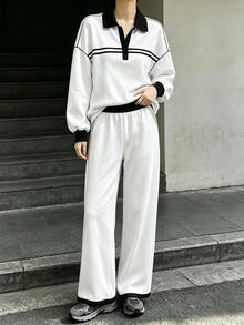 Breezaya 女款條紋落肩長袖衛衣與寬腿褲休閒兩件套 - 白色 - 查看 5