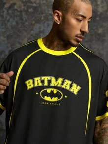 BATMAN X SHEIN تي شيرت رجالي بطبعة حروف وياقة دائرية وأكمام قصيرة كاجوال - الأسود - مشاهدة 3