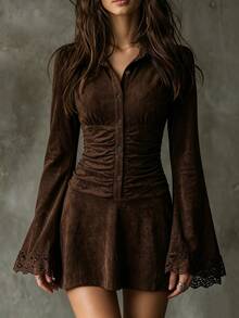 SHEIN Maillard Brown Cinched Cinched Waist Contrast Lace Flare Sleeve Mini Skirt - Coffee Brown - View 1