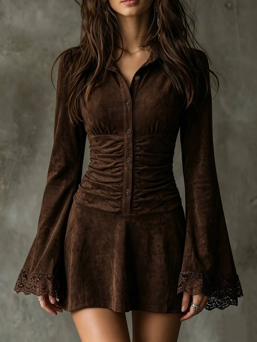 SHEIN Maillard Brown Cinched Cinched Waist Contrast Lace Flare Sleeve Mini Skirt - Coffee Brown - View 1