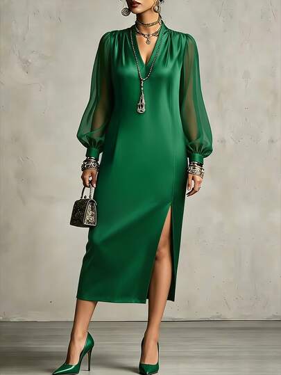 Velvienne Fall/Winter Plus Size Women's Emerald Green Smooth Satin V-Neck Sheer Puff Sleeve Side Slit Midi Shirt Dress For Commute Formal Wedding Party