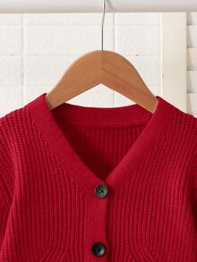 SHEIN 女童春/秋季開襟衫 冬季毛衣，卡其色，-領長袖，適合日常、派對、返校，舒適柔軟 - 紅色 - 查看 3