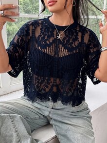 SHEIN EZwear 大尺碼女款性感蕾絲鏤空辣妹上衣 - 藏蓝色 - 查看 5