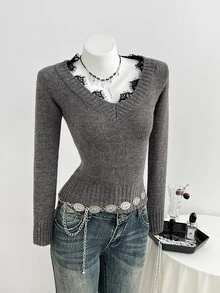 Elamini Sweater Wanita Berenda Leher V dengan Pinggang Berkerut - Grey - View 7